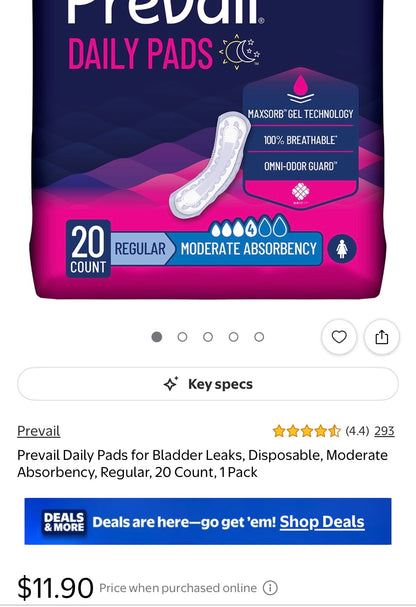 Prevail Daily Pads for Bladder Leaks