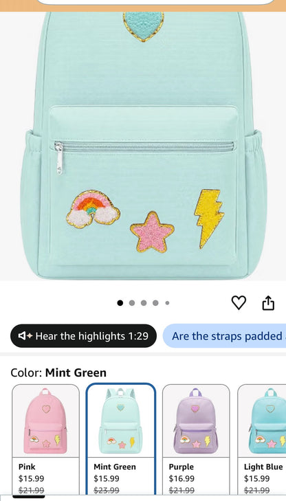 School Book Backpack with Rainbow Chenille Patches Mint green