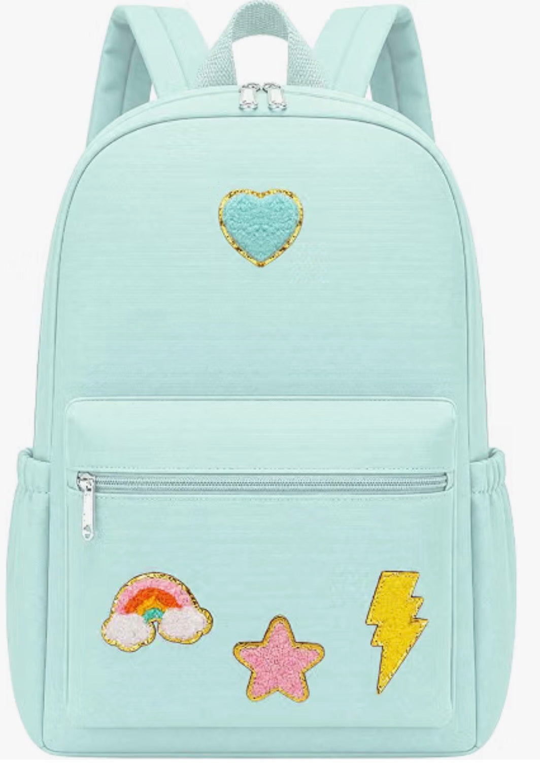 School Book Backpack with Rainbow Chenille Patches Mint green