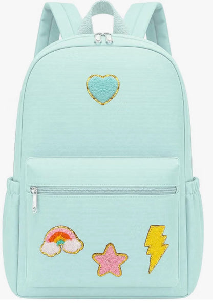 School Book Backpack with Rainbow Chenille Patches Mint green