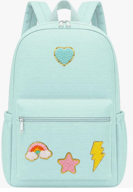 School Book Backpack with Rainbow Chenille Patches Mint green