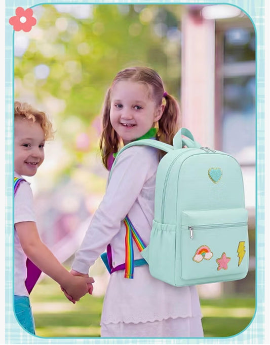 School Book Backpack with Rainbow Chenille Patches Mint green
