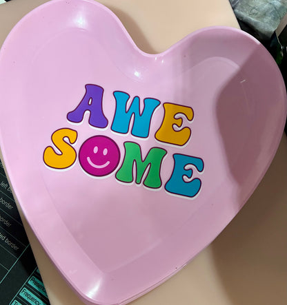 MELAMINE HEART SHAPED PLATES W/AWESOME IN RETRO LETTERS