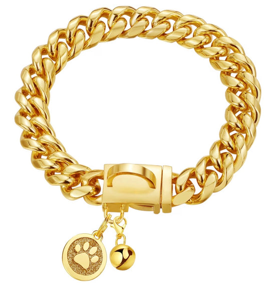 GOLD PLATED CHAIN DOG COLLAR CUBAN LINK