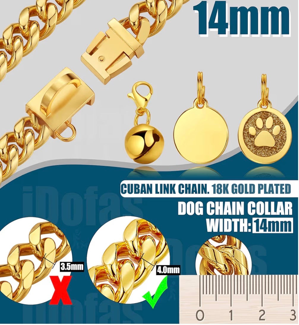GOLD PLATED CHAIN DOG COLLAR CUBAN LINK