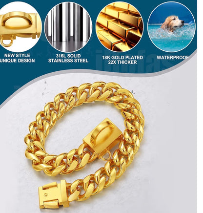 GOLD PLATED CHAIN DOG COLLAR CUBAN LINK