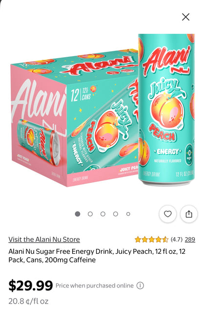 Alani Nu Sugar Free Energy Drink, Juicy Peach,  12 Pack, Cans,