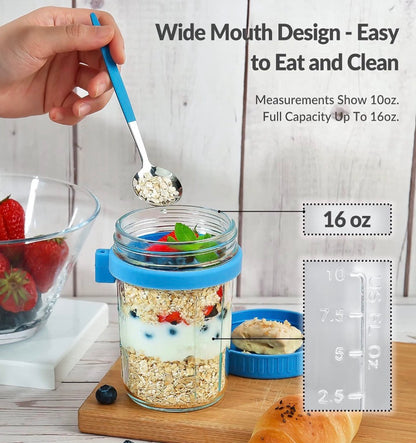 16 Oz Glass Overnight Oats Containers with Lids and Spoon 4 pk