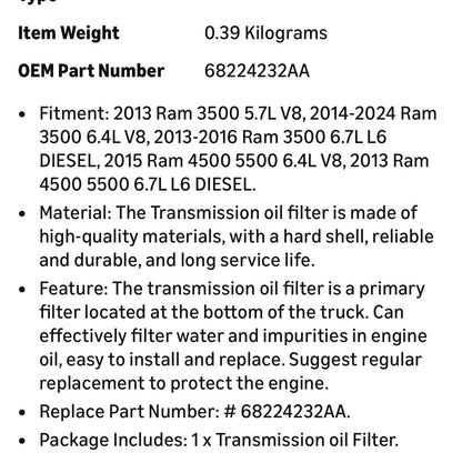 TRANSMISSION  OIL FILTER REPLACEMENT  PART # 68224232AA 0