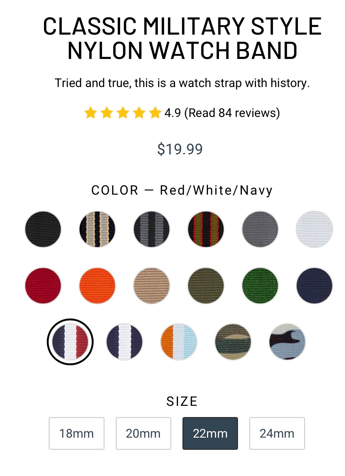 CLASSIC MILITARY STYLE NYLON WATCH BAND 22MM