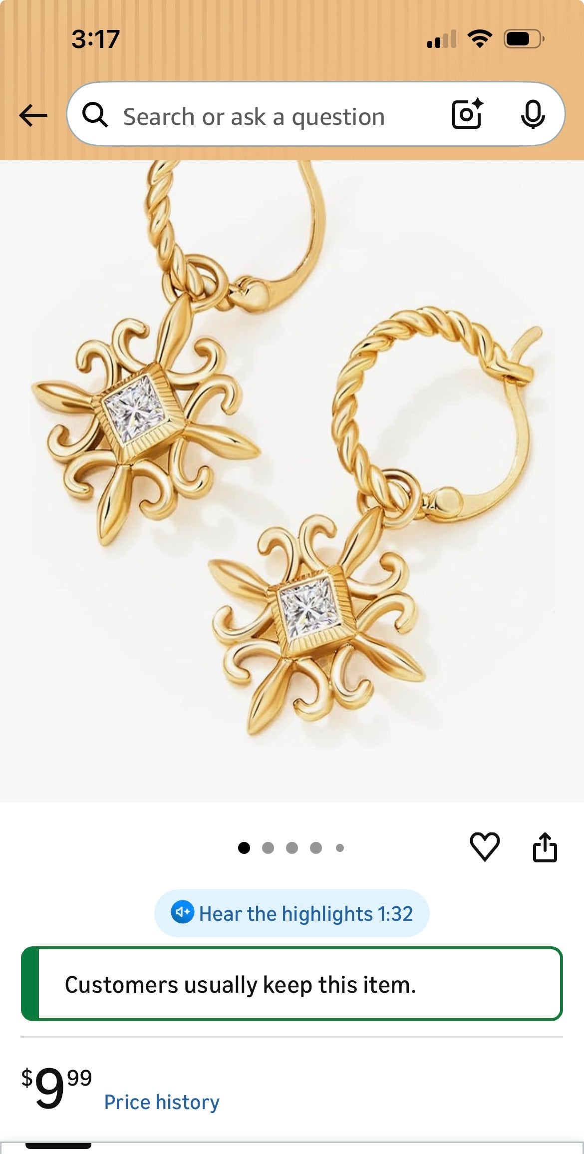 18K GOLD PLATED DANGLE EARRINGS-CICY BELL: