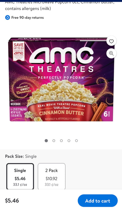 AMC THEATRES MICROWAVE POPCORN 6 CT