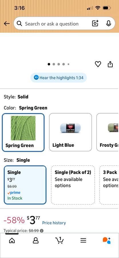 RED HEART SPRING GREEN YARN- 364 yds