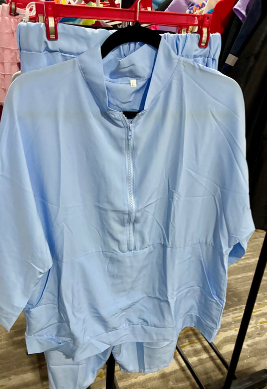 SATIN LT BLUE CAUSAL PANT SET