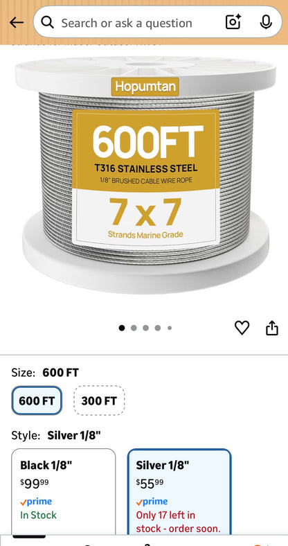 600 FT WIRE ROPE STAINLESS STEEL CABLE RAILING