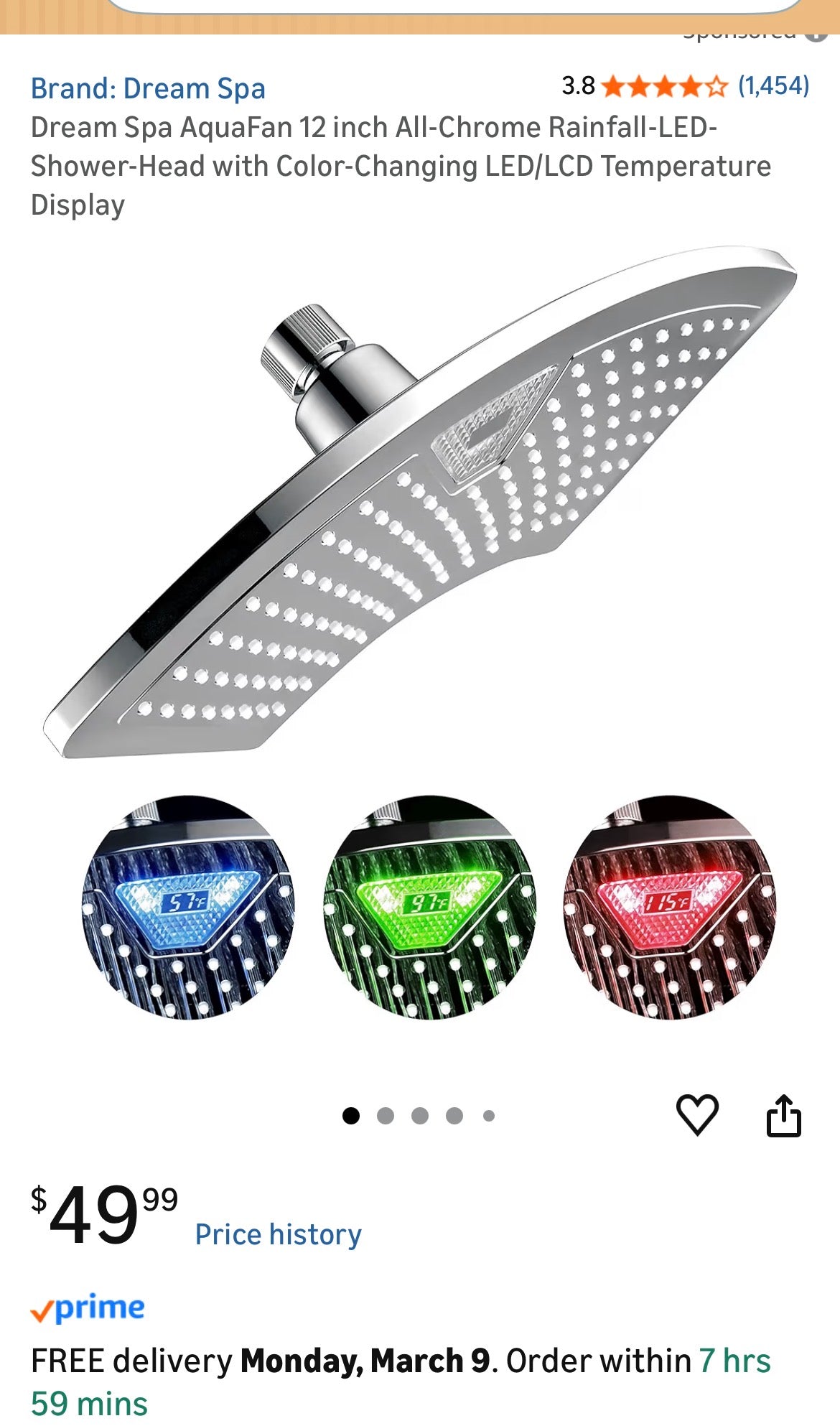 DREAM SPA AQUA FAN 12'' RAINFALL LED SHOWER HEAD