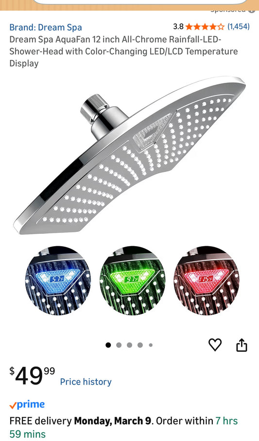 DREAM SPA AQUA FAN 12'' RAINFALL LED SHOWER HEAD