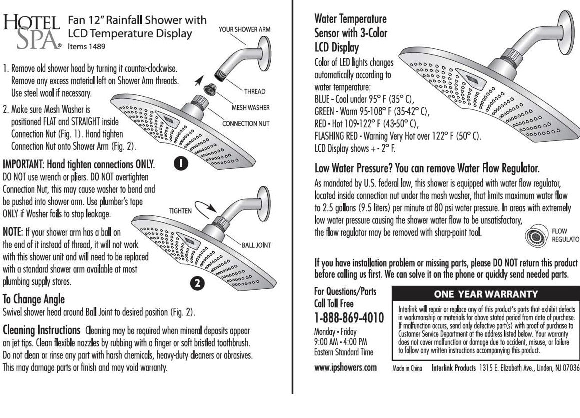 DREAM SPA AQUA FAN 12'' RAINFALL LED SHOWER HEAD