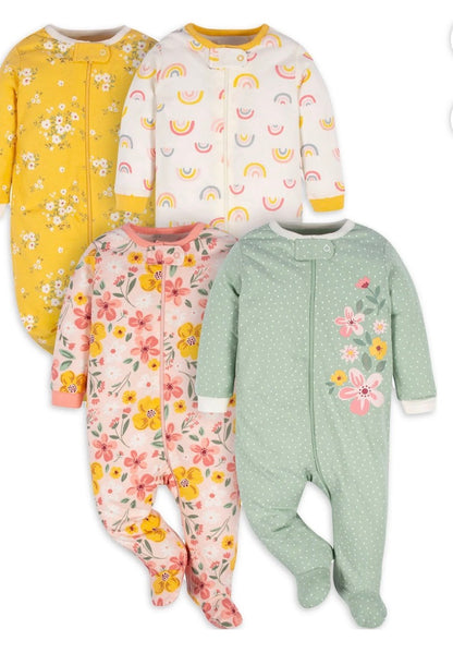 GERBER BABY GIRL SLEEP N PLAY  FOOTED PJS 4 PACK