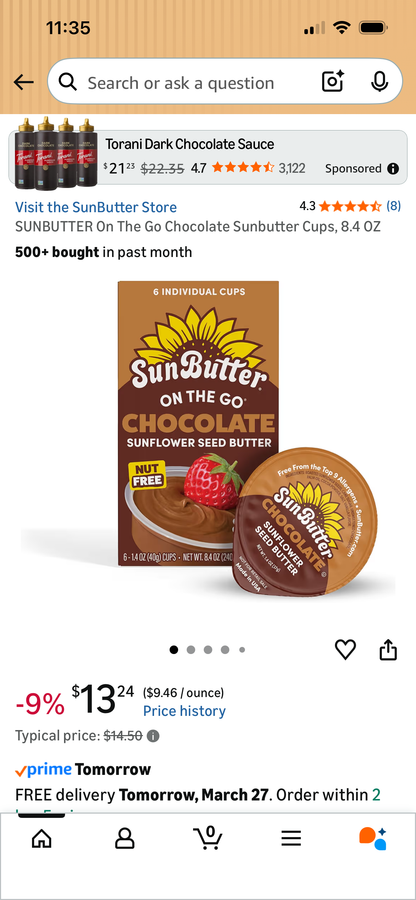 SUN BUTTER (sunflower seed) ON THE GO- CHOCOLATE 6 pk