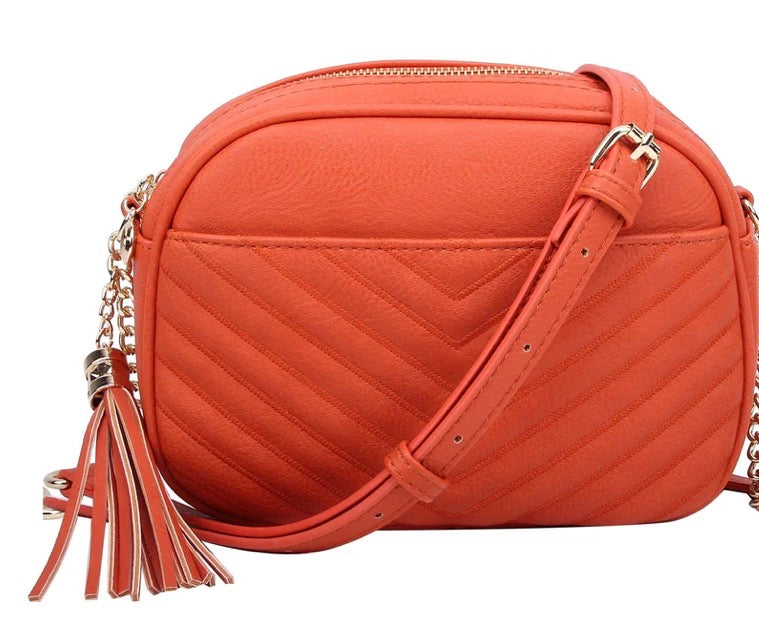 BURNDT ORANGE CHEVRON TASSEL  CROSSBODY BAG