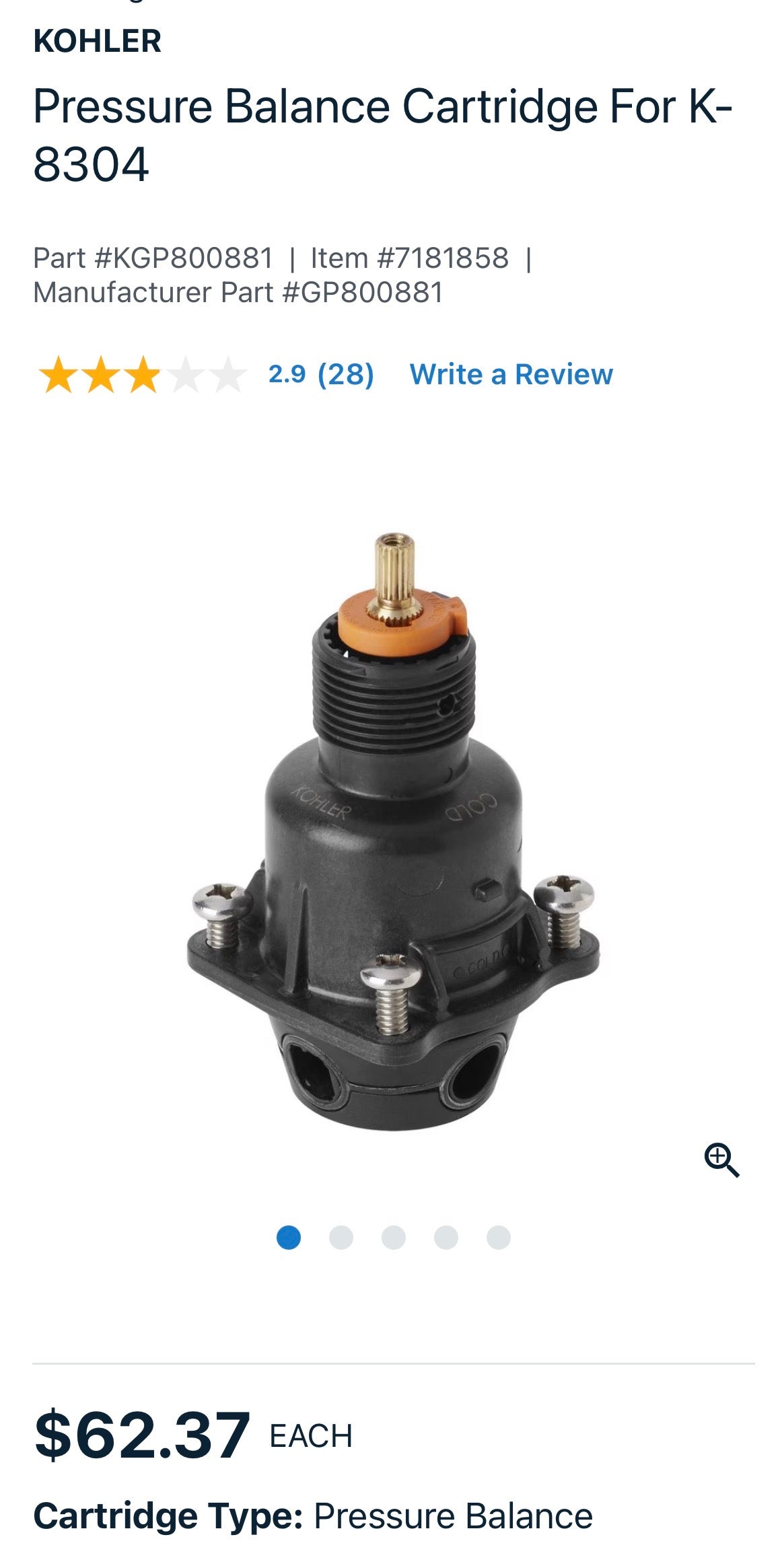 KOHLER Pressure Balance Cartridge For K- 8304