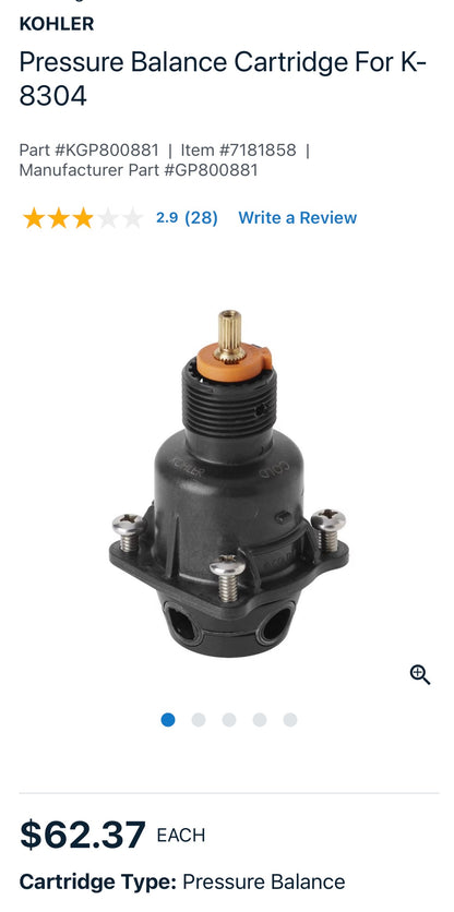 KOHLER Pressure Balance Cartridge For K- 8304