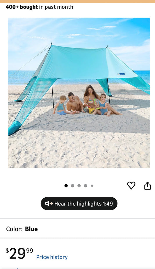 LARGE PORTABLE TEAL BEACH SHADE 15X10
