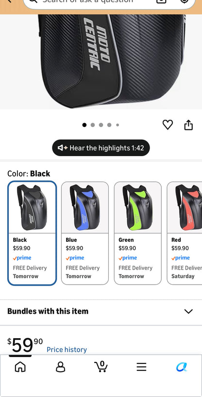 Motorcycle Backpack Waterproof  Carbon Fiber Rider  Hard Shell Reflective
