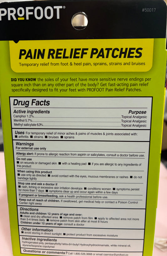 PROFOOT PAIN RELIEF PATCHES FOR FOOT AND HEEL or COOL @ HEAT GEL