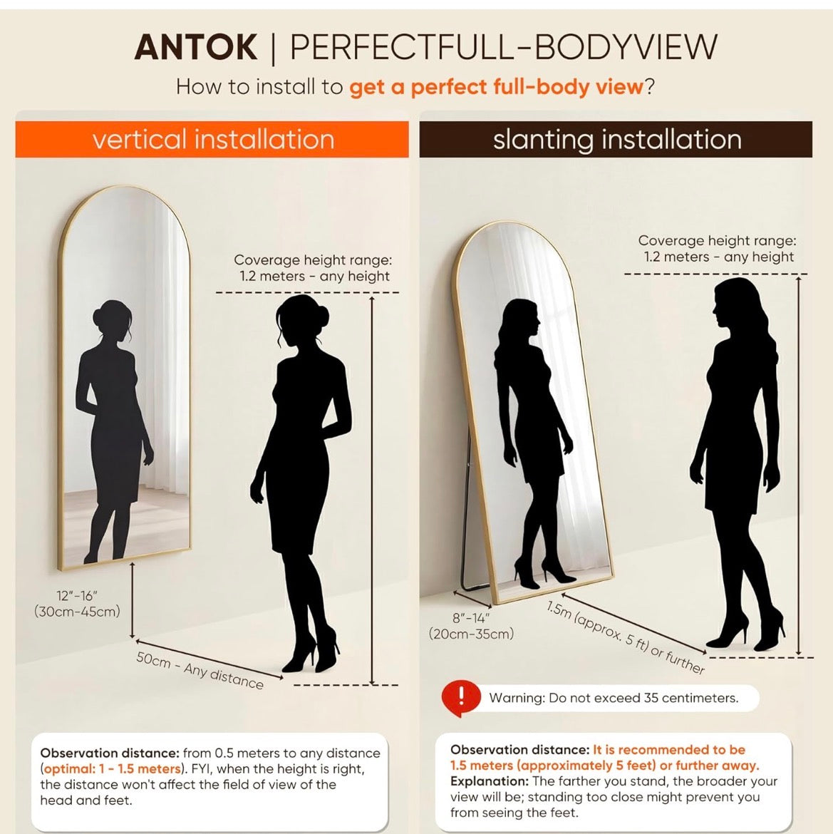 Antok 58"×19" Arched Full Length Floor Mirror, Gold Aluminum Frame