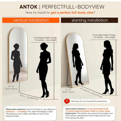 Antok 58"×19" Arched Full Length Floor Mirror, Gold Aluminum Frame