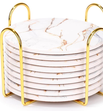 9 piece  ceramic coaster set  with a gold tone holder