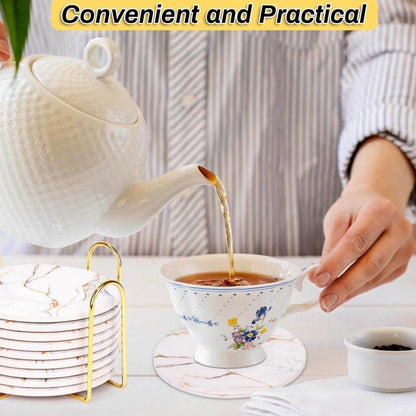 9 piece  ceramic coaster set  with a gold tone holder