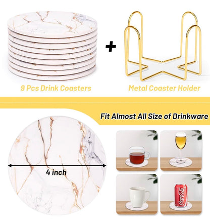 9 piece  ceramic coaster set  with a gold tone holder