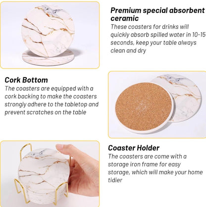 9 piece  ceramic coaster set  with a gold tone holder