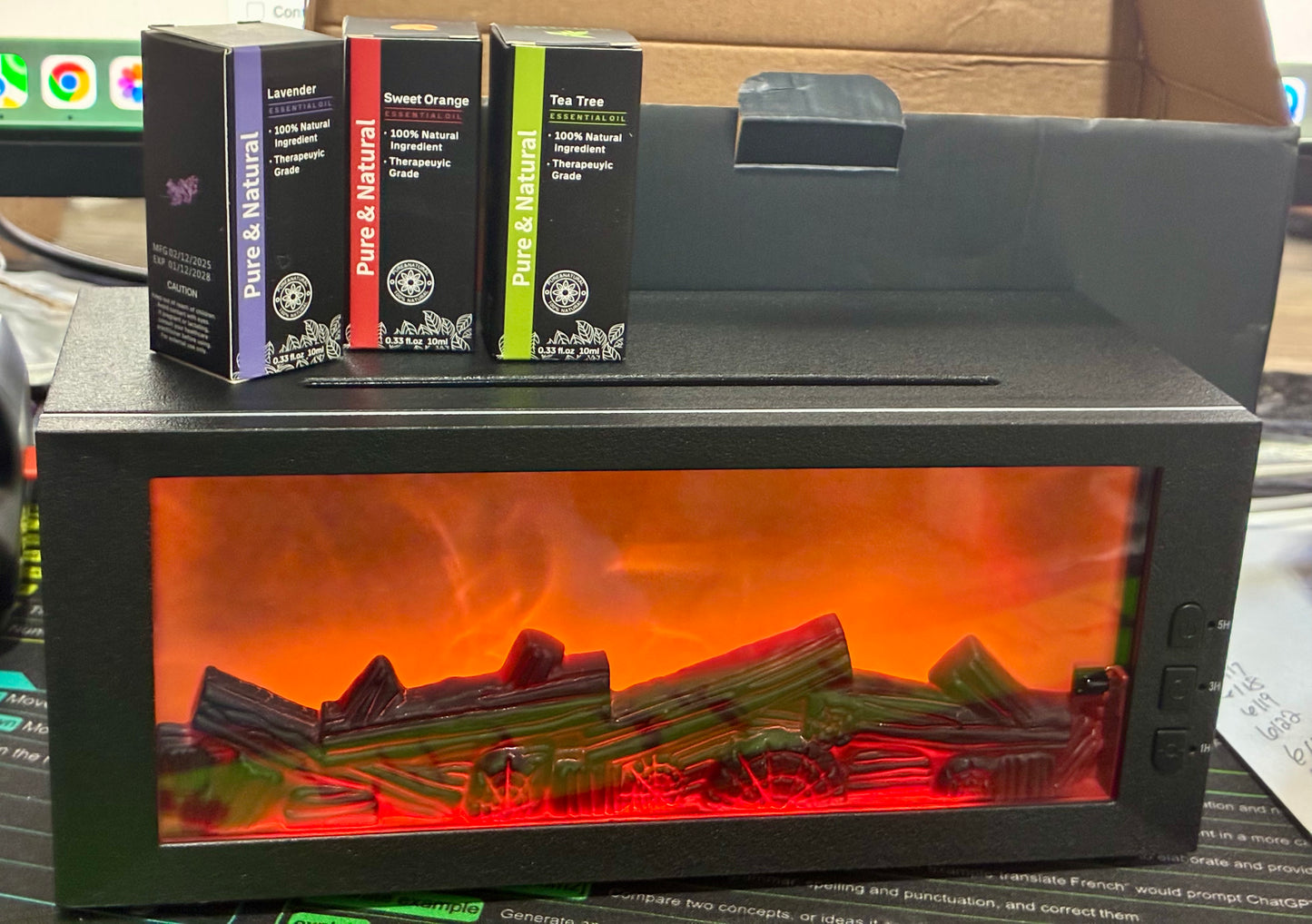 Flame Fireplace Essential Oil Diffuser + 3 essential oils