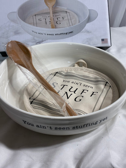 Mud Pie, White, Stuffing Dish & Pot Holder Set,