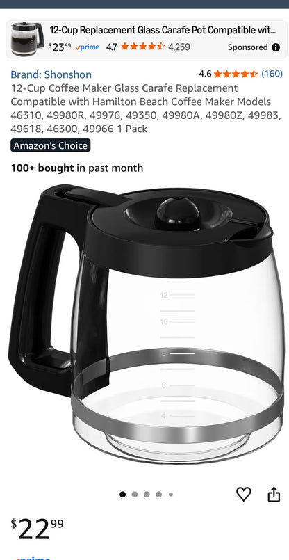 12-Cup Coffee Maker Glass Carafe Replacement