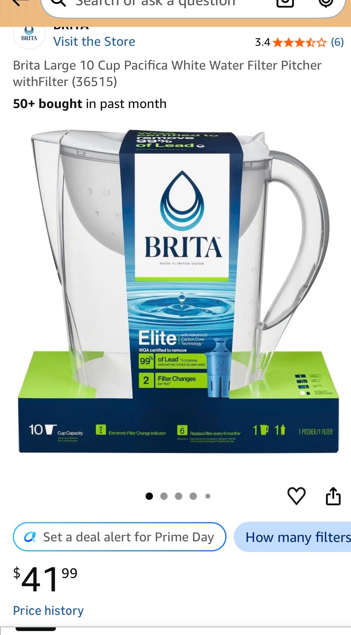 Brita Large 10 Cup Pacifica White Water Filter Pitcher withFilter