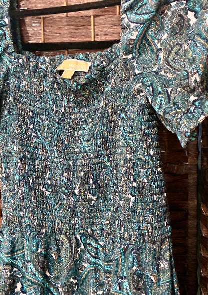 Michael Kors Women's Blue Paisley Smocked Ruffled Mini Dress