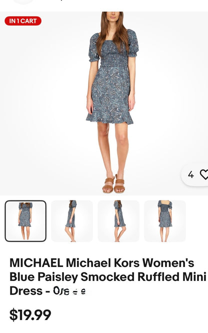 Michael Kors Women's Blue Paisley Smocked Ruffled Mini Dress