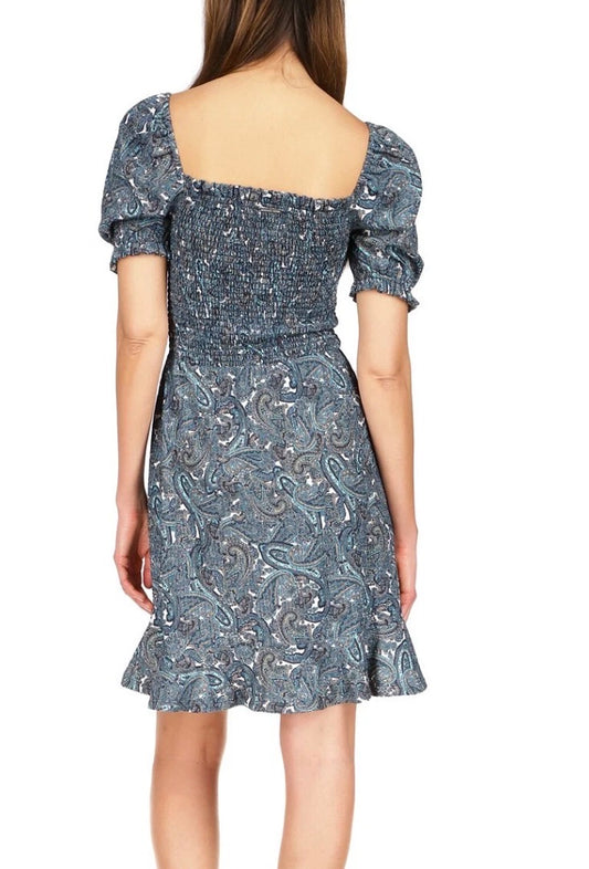 Michael Kors Women's Blue Paisley Smocked Ruffled Mini Dress