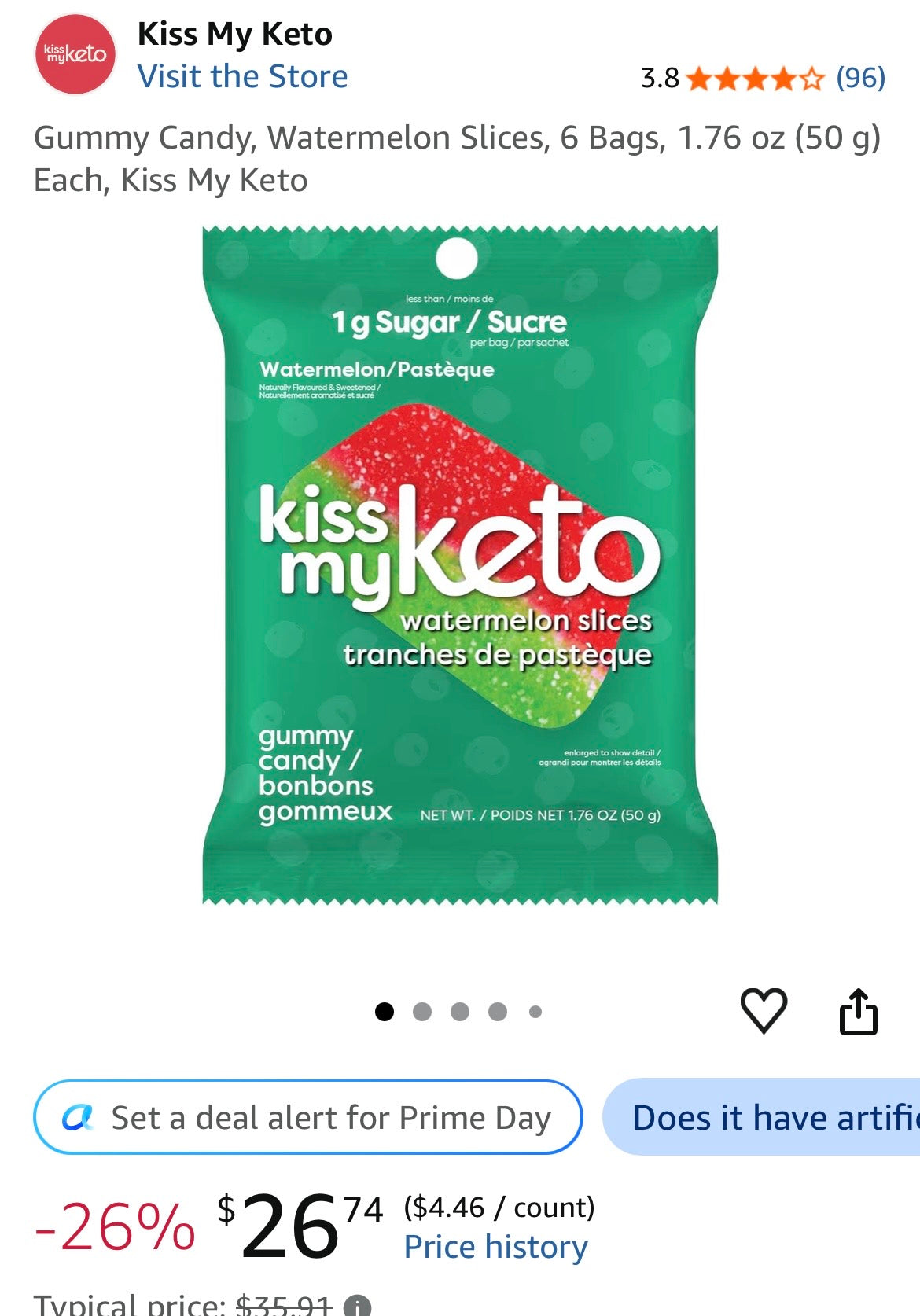 Gummy Candy, Watermelon Slices, 6 Bags, 1.76 oz Each, of Kiss My Keto